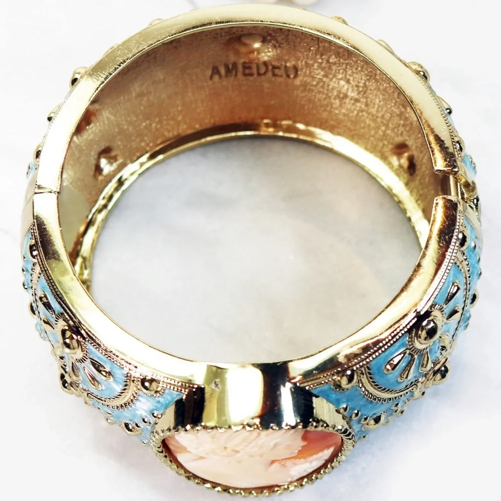 Amedeo Hand Carved Cameo Satin Blue Cuff Bracelet
